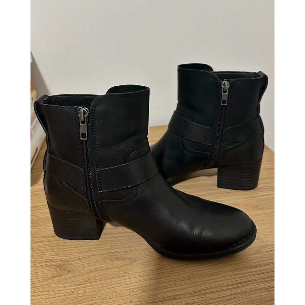 UGG Black Leather Harness Ankle Boots with Silver Buckle